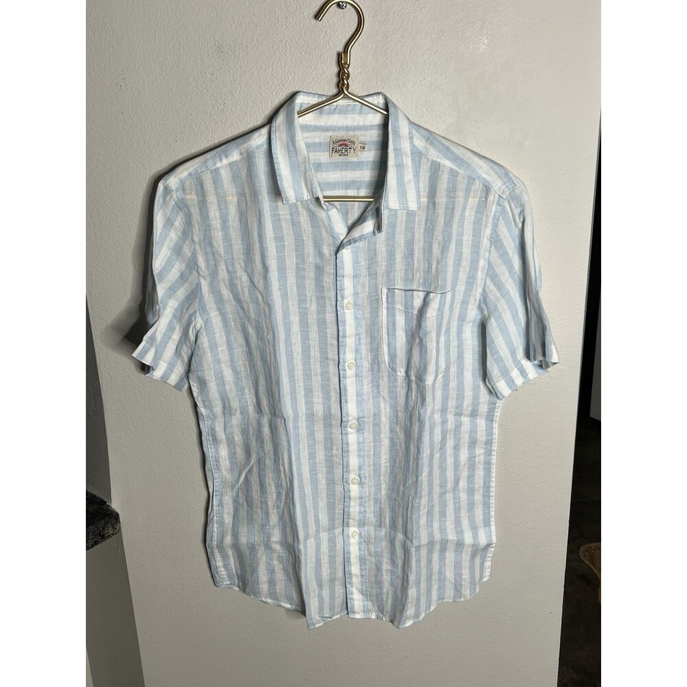 Faherty Shirt Mens Small Blue Stripe Short Sleeve Button Up Linen